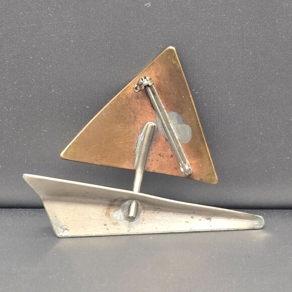 VTG Brass & Stainless-Steel Modernist Abstract Brooch Pin 2.25" Signed 00 - Picture 2 of 4